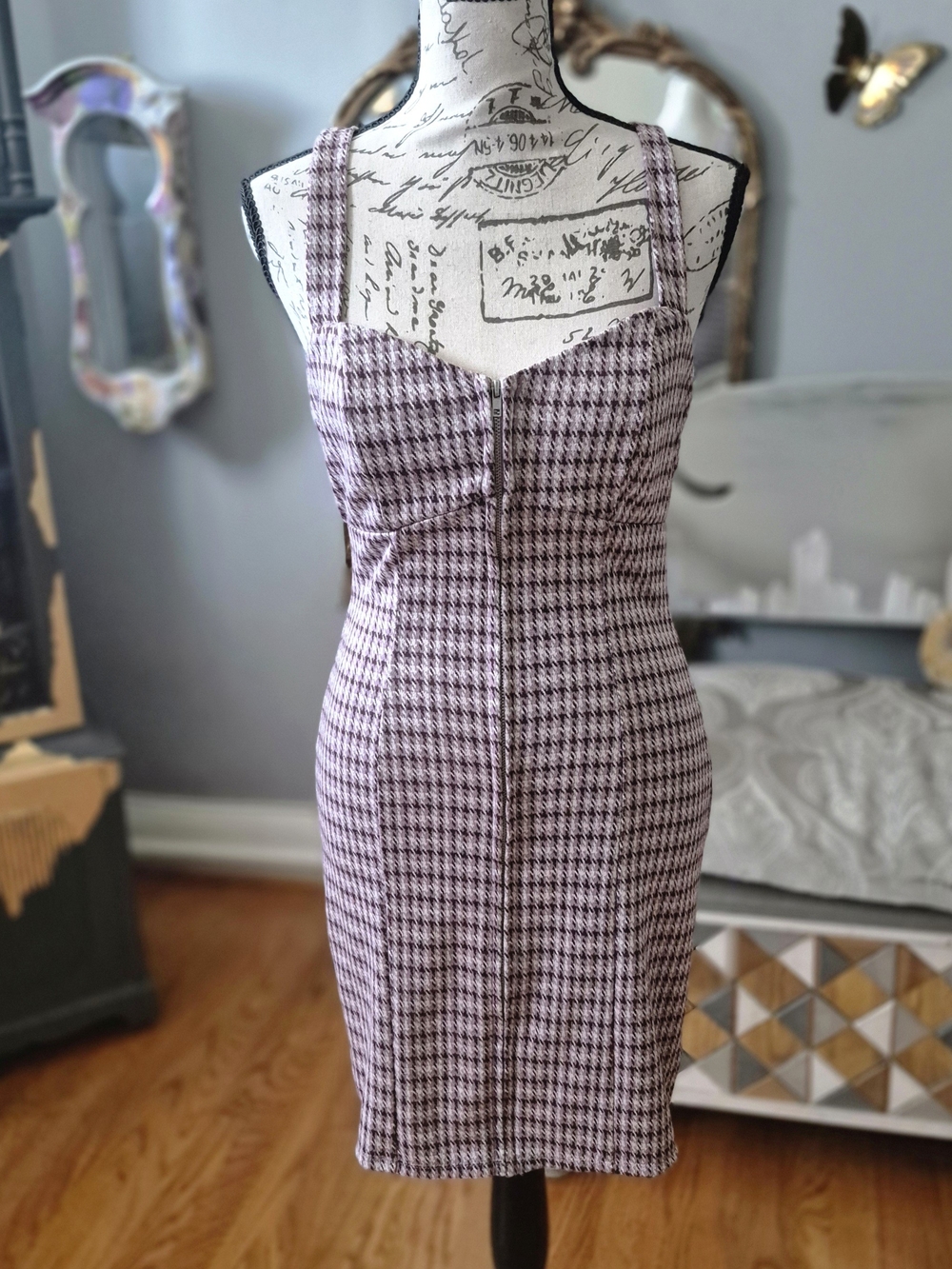 miami Lilac and Black Houndstooth Zip-Front Bodycon Mini Dress Small